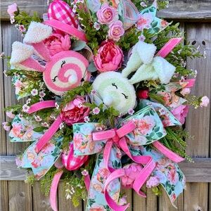 Floral Easter Bunny Wreath with Pink Accents